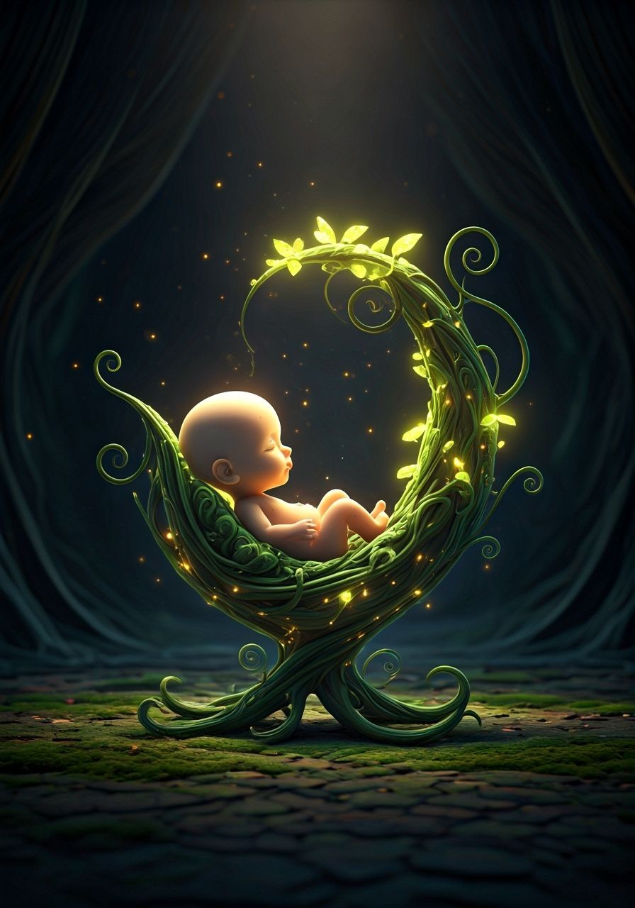 Magical Bioluminescent Plant Cradles Baby in Dawn Light