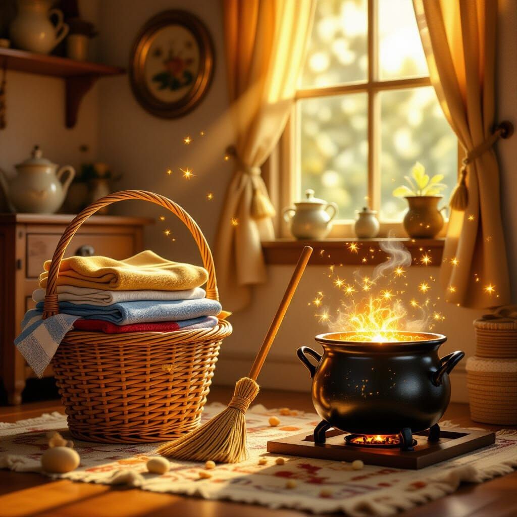 Enchanted Household Objects in Magical Golden Hour Light
