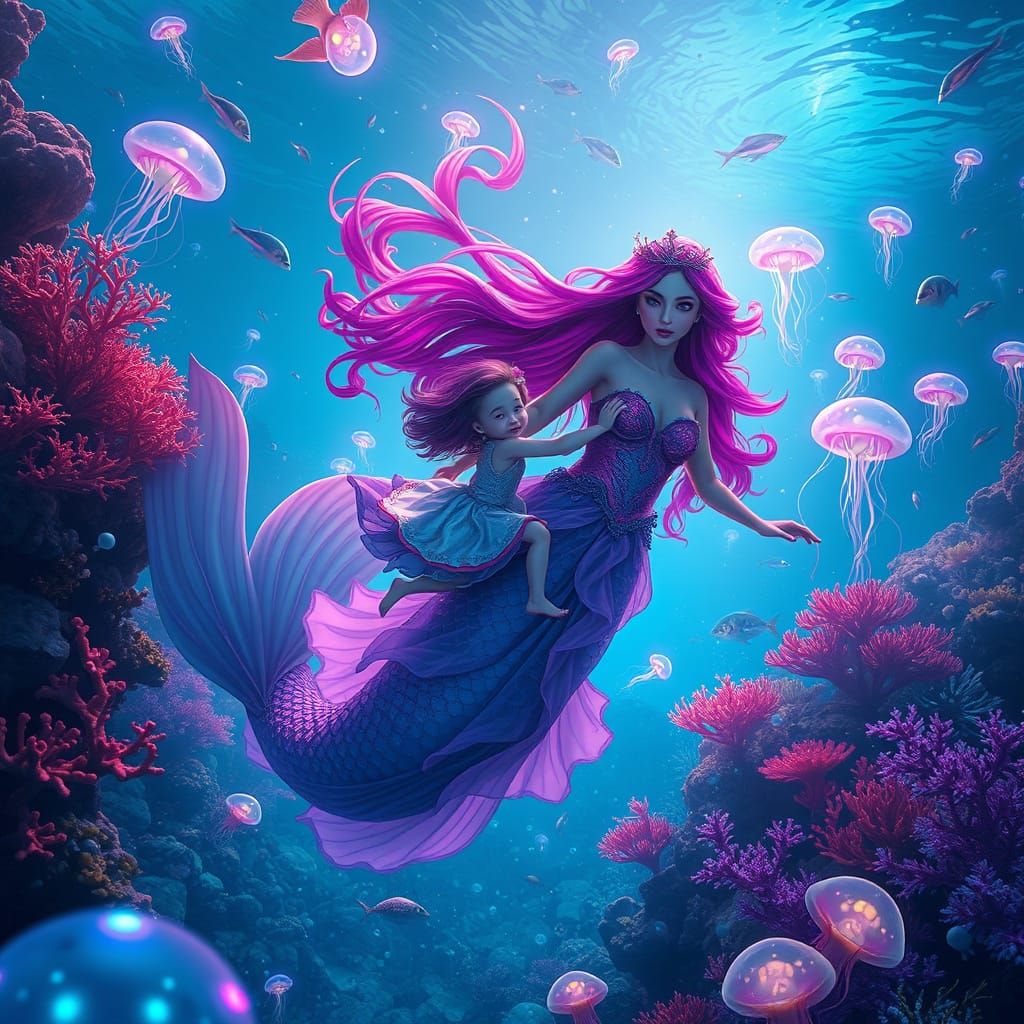 Mermaid and Daughter in Underwater Fantasy Realm