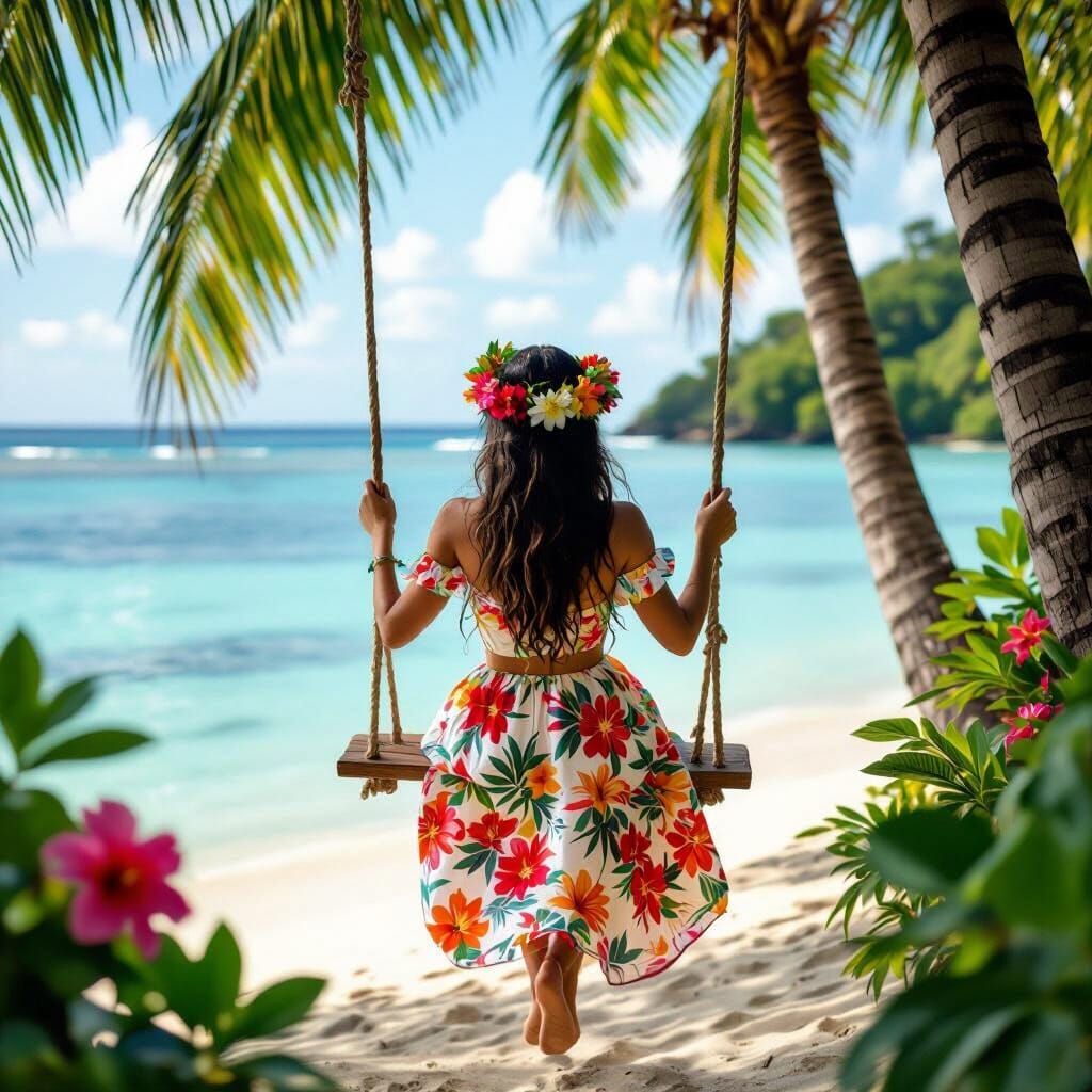 Tahitian Woman Swinging on Beach in Golden Sunlight