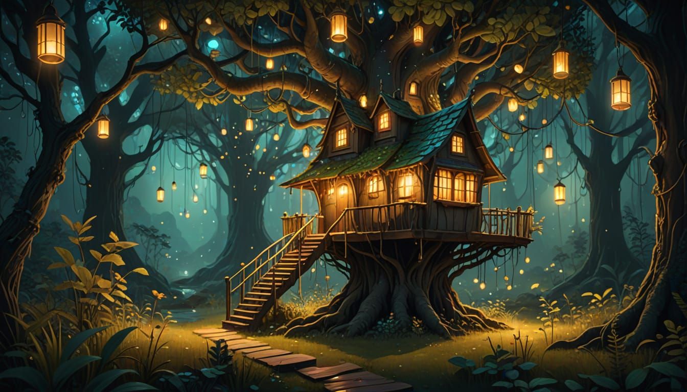 Ethereal Treehouse Glows with Golden Light in Dreamy Oil Pai...