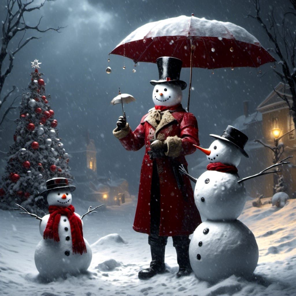Snowmen Christmas Card in Atmospheric Plastic Art Style