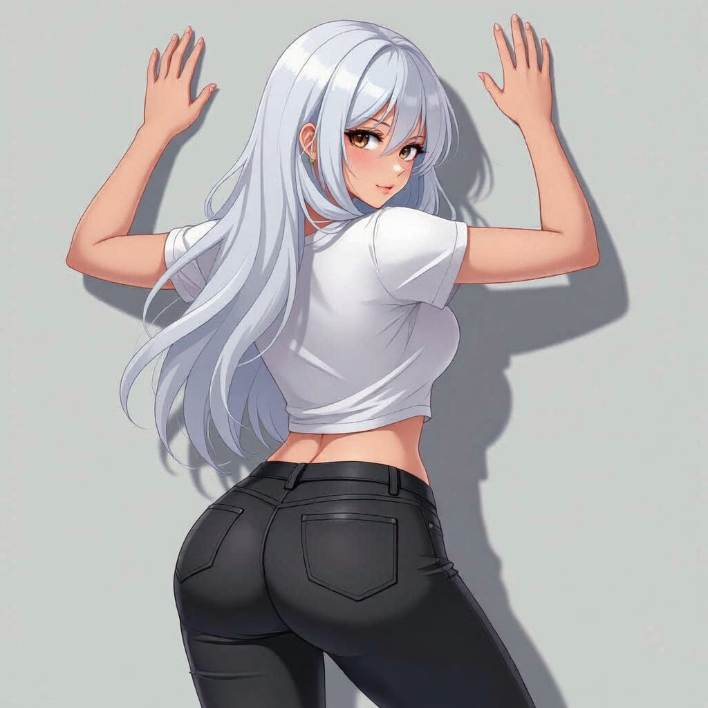 Anime Girl with Long White Hair Posing