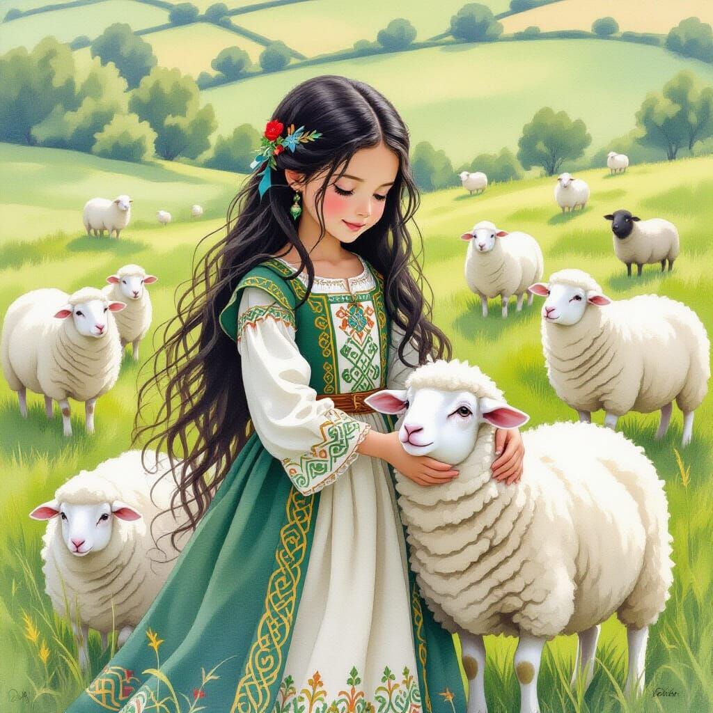 Girl in Medieval Dress with Sheep, Watercolor Style