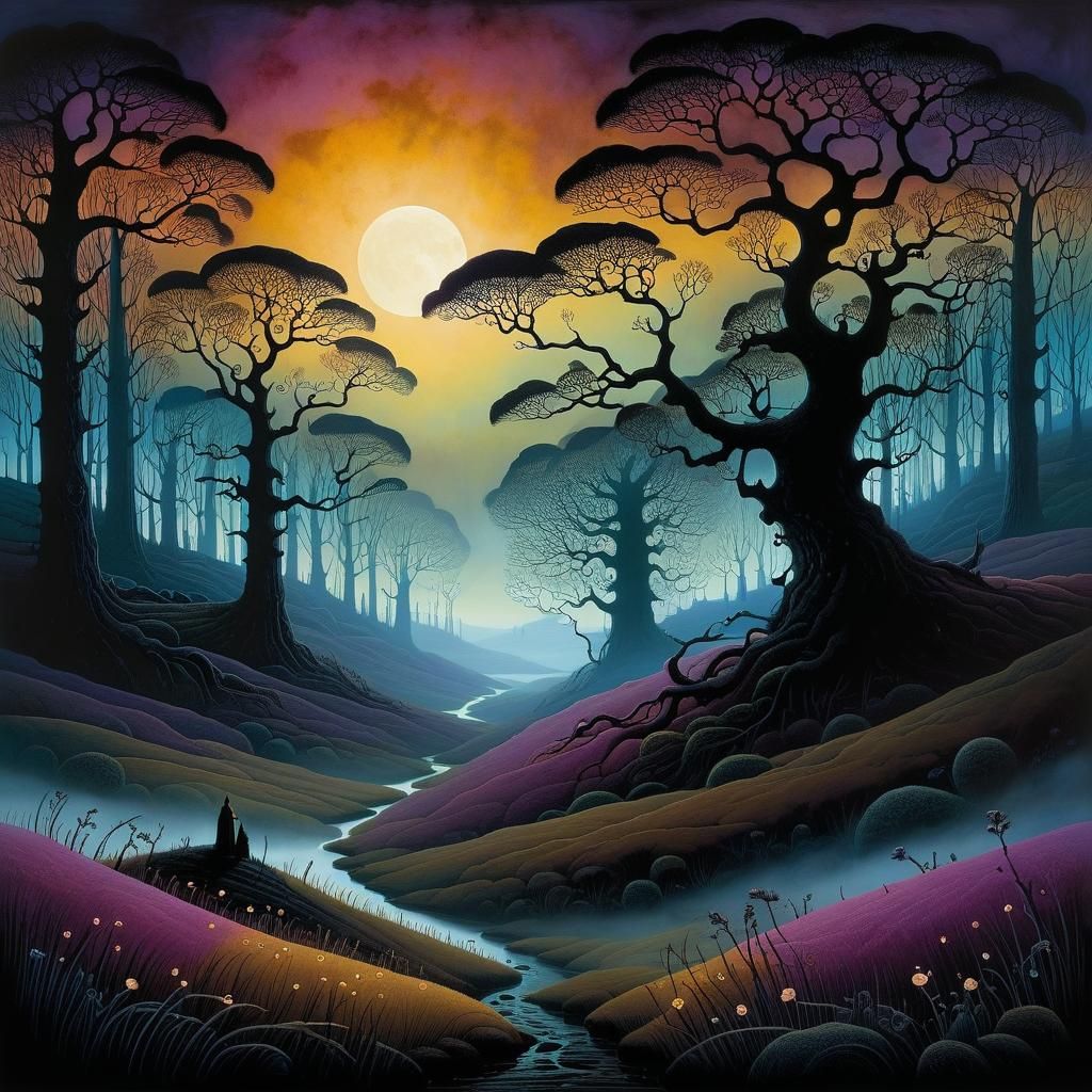 Moor Landscape under Violet Mist, Intricate Details