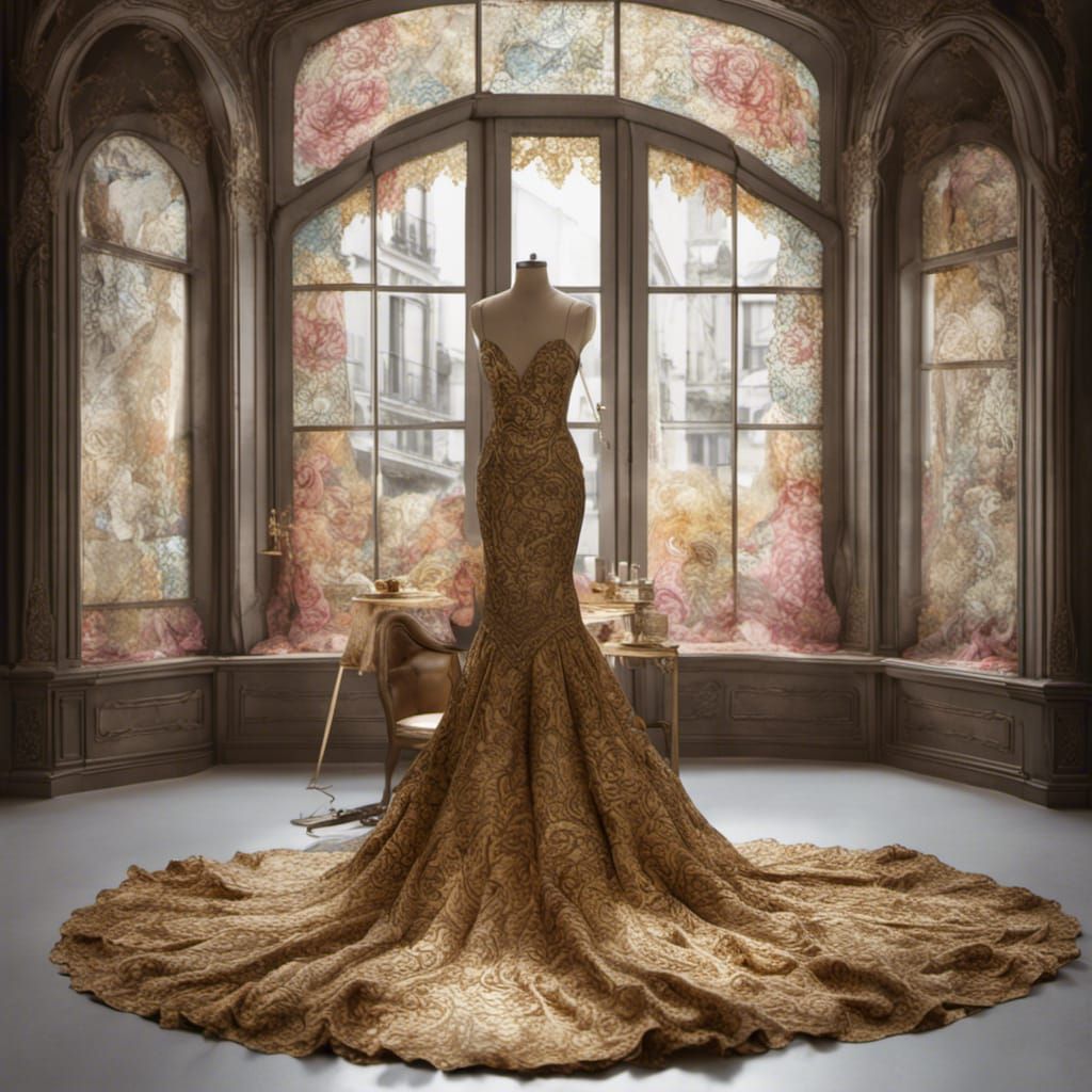 Seamstress Creates Gold Lace Dress, Digital Art