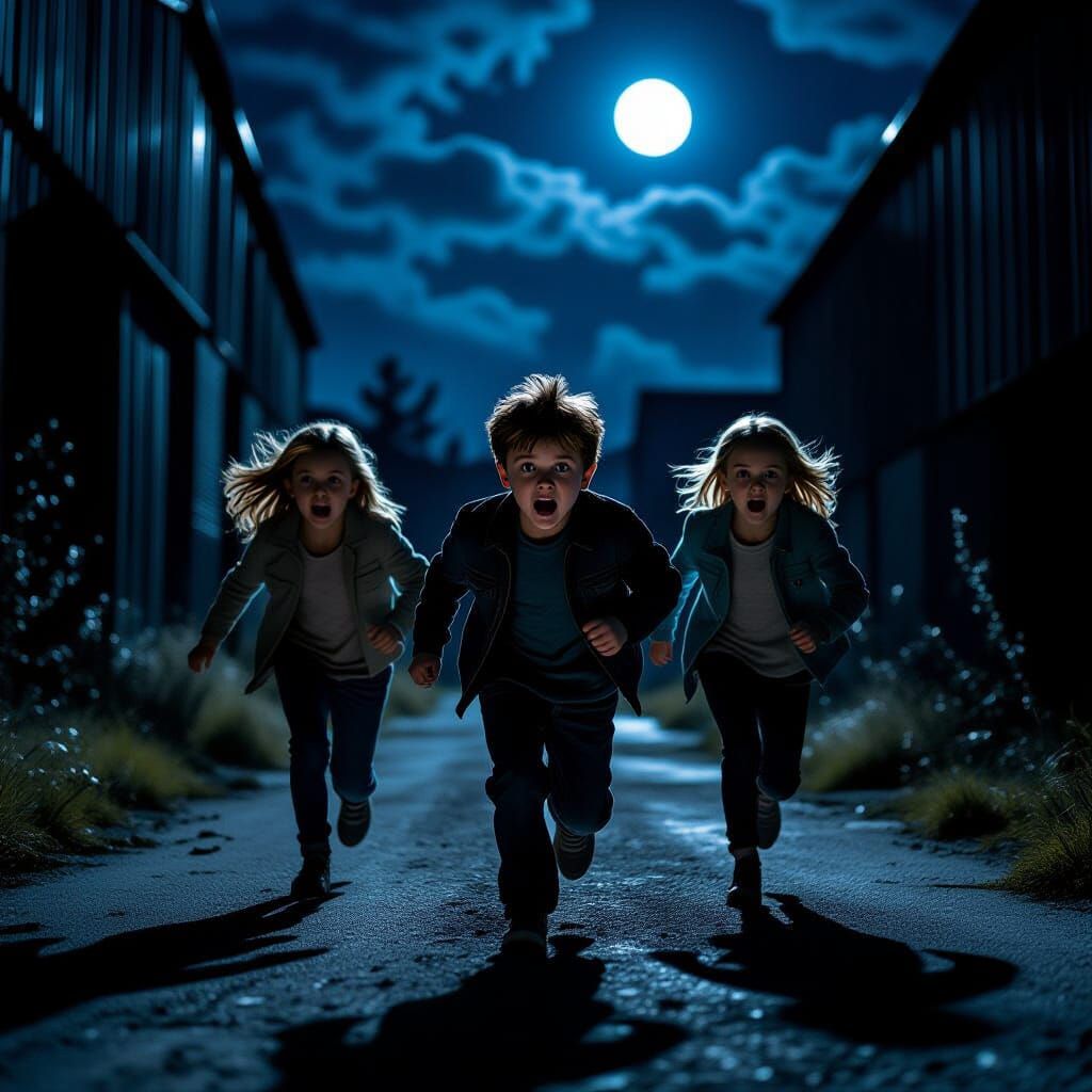 Terrified Children Flee Dark Warehouse in Hyperrealistic Nig...