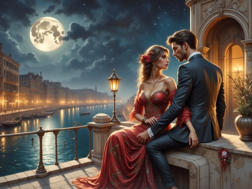 Cyberpunk Venice Terrace Under a Massive Moon