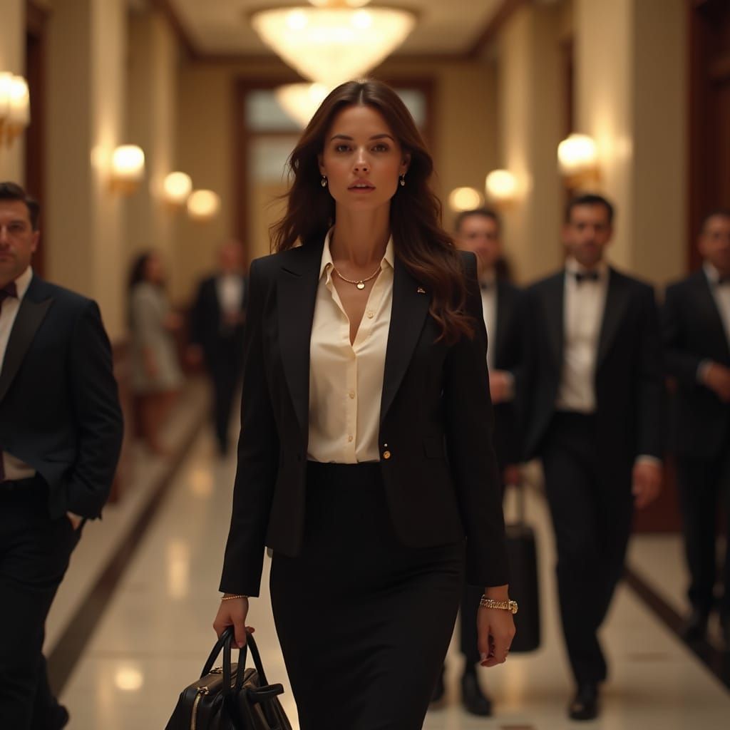American Woman in Blazer at Luxury Hotel Lobby