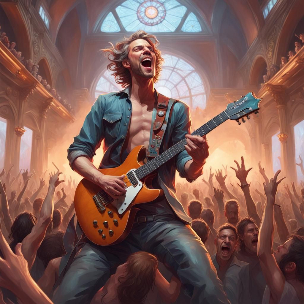 Guitarist Performing for Excited Audience: Hyperdetailed Por...