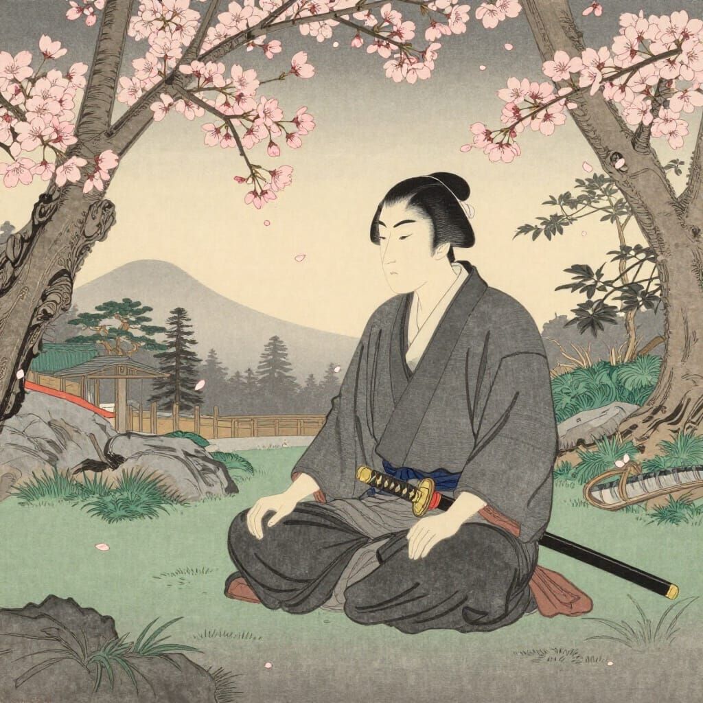 Samurai Meditating in Dawn Japanese Garden, Ukiyo-e Style