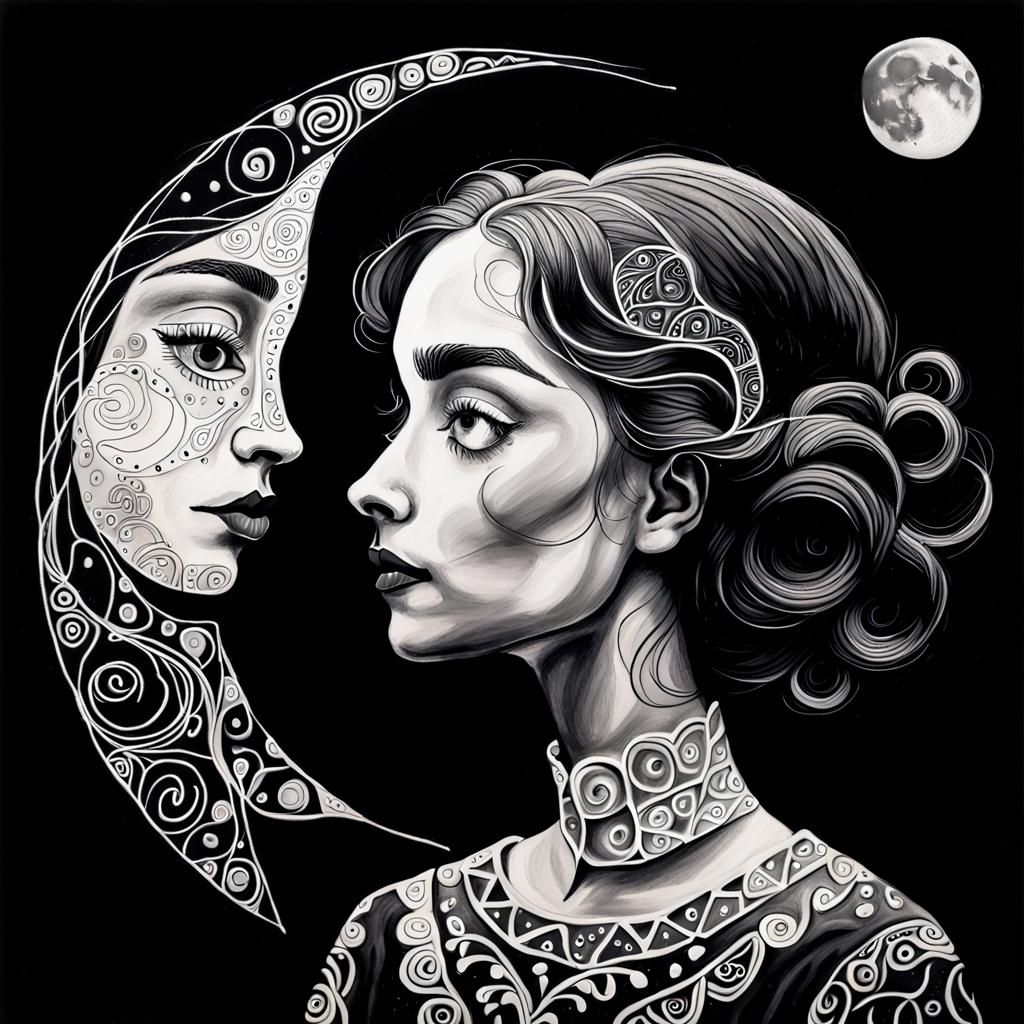 Zentangled Woman Gazes at Whimsical Moon