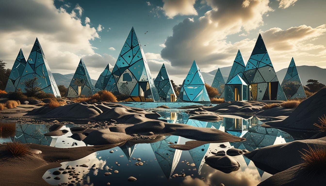 Surreal Geometric Collage of Glass Mountains in Disruptive H...