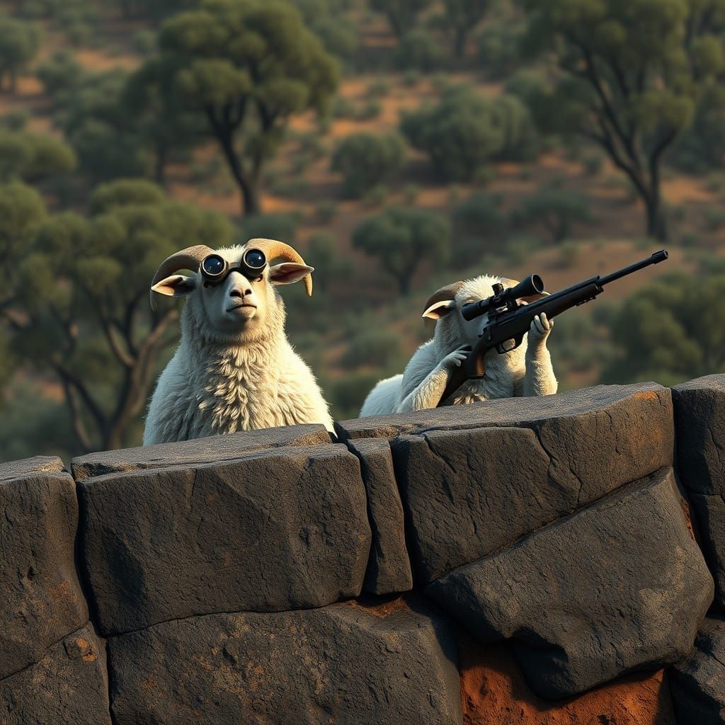 Sheep with Binoculars and Sniper Rifle in Australian Bush