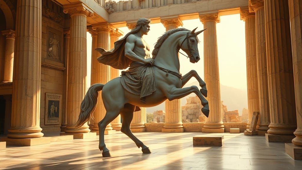 Centaur Marble Statue in Greek Temple, Impressionist Style