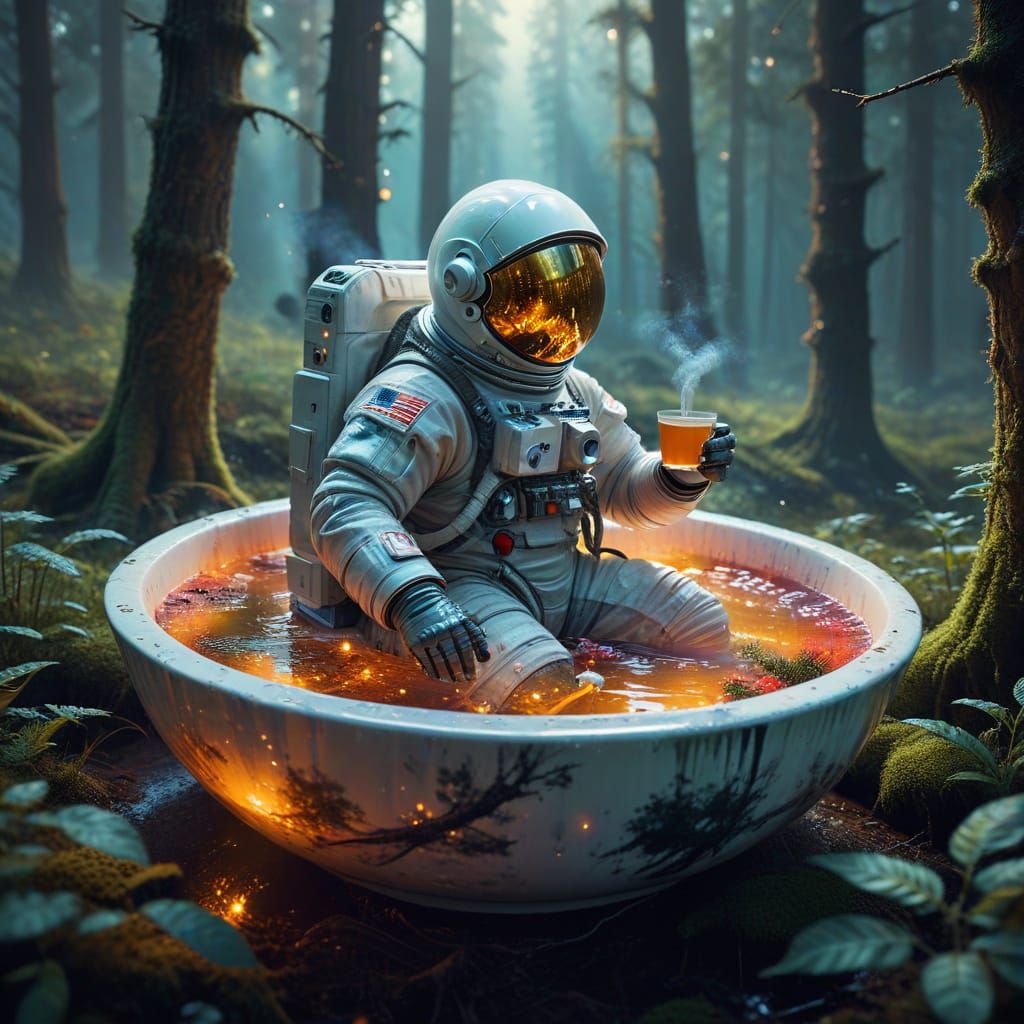 Astronaut Sits in Serene Forest Glade, Drinking Tea Amidst G...
