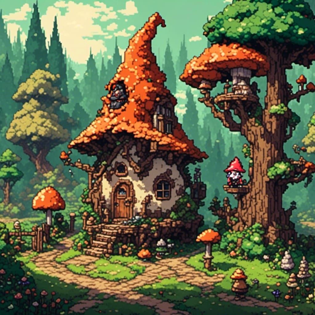 <lora:HD 2D Pixel Art:1.0> 8 bit pixel art Whimsical pen and alcohol ink illustration. a gnome stands by his mushroom ho...