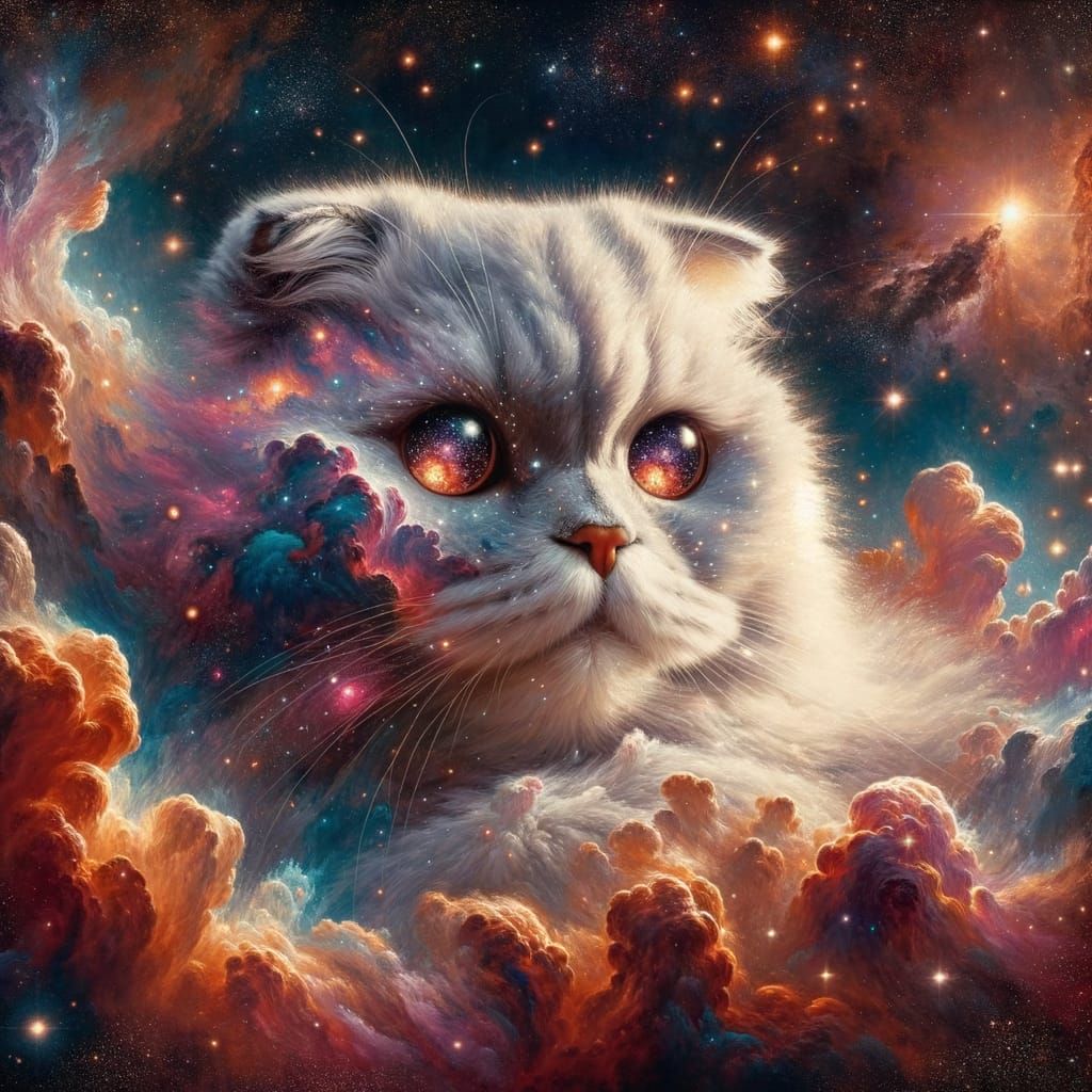 Celestial Scottish Fold Cat in Cosmic Nebula