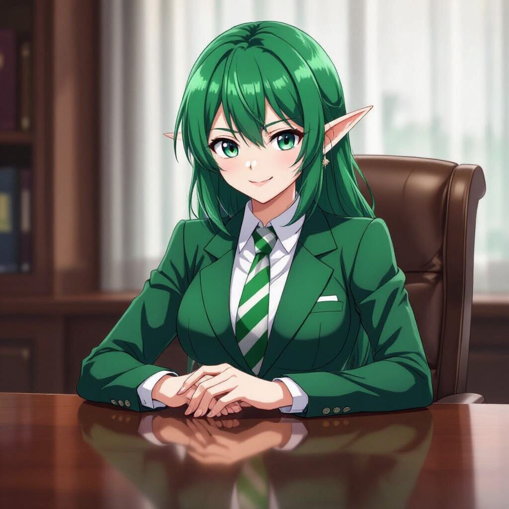 Elf Anime Girl in Green Business Suit