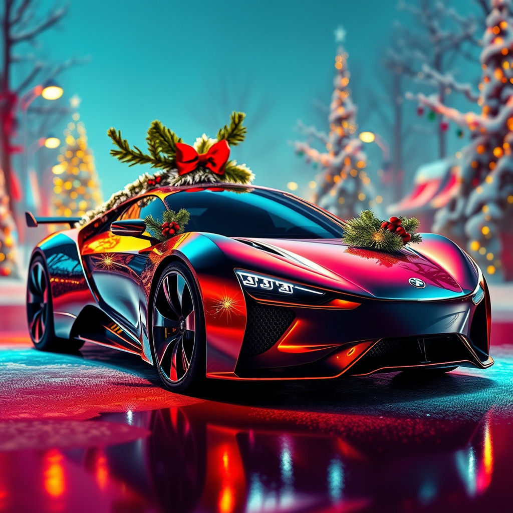 Futuristic Christmas Car in Winter Wonderland