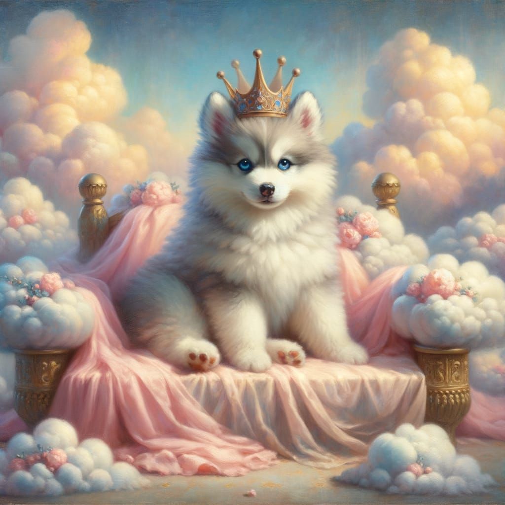 Fluffy Husky King on Cloud Throne in Pastel Hues