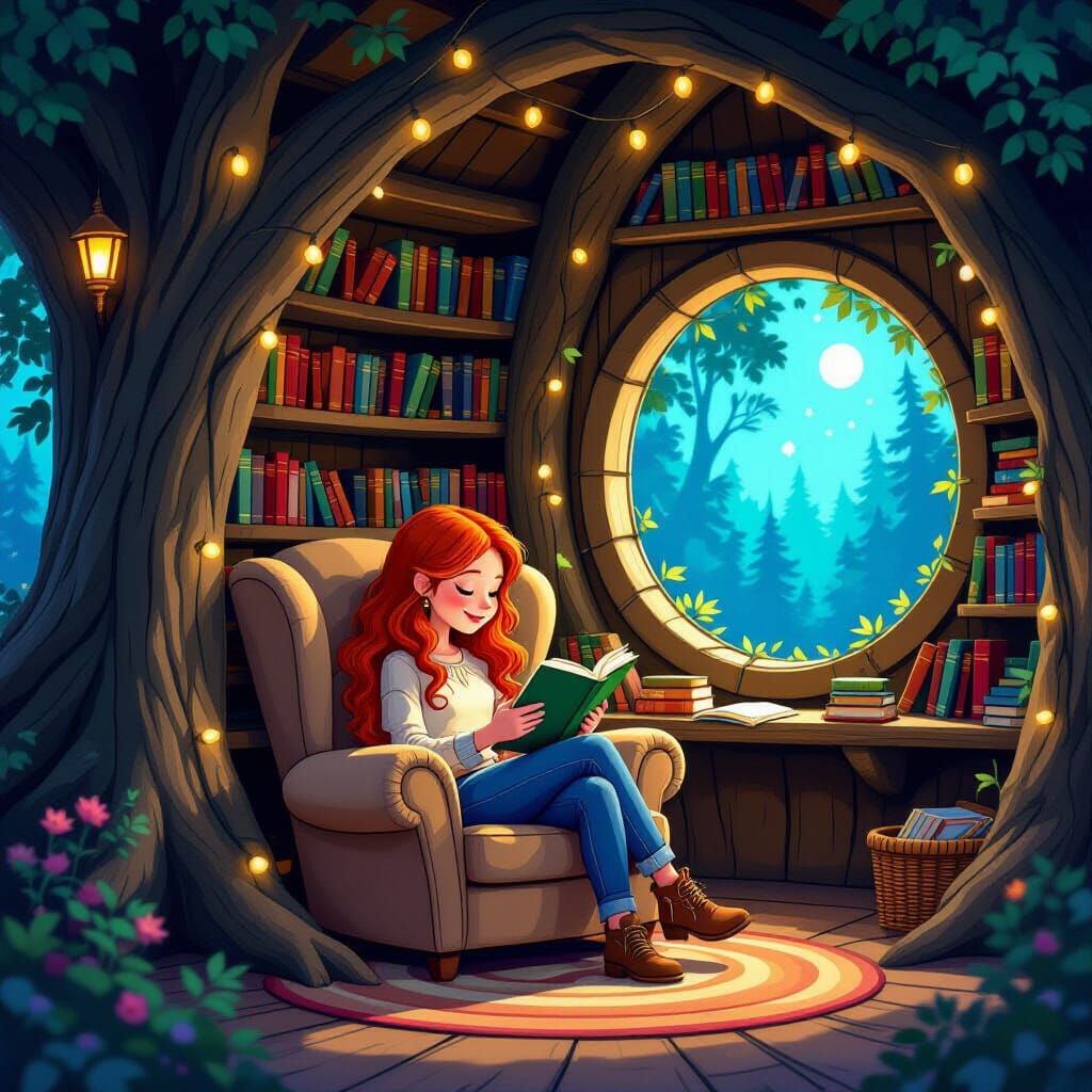 Cozy Treehouse Reading Nook in Pixar Style