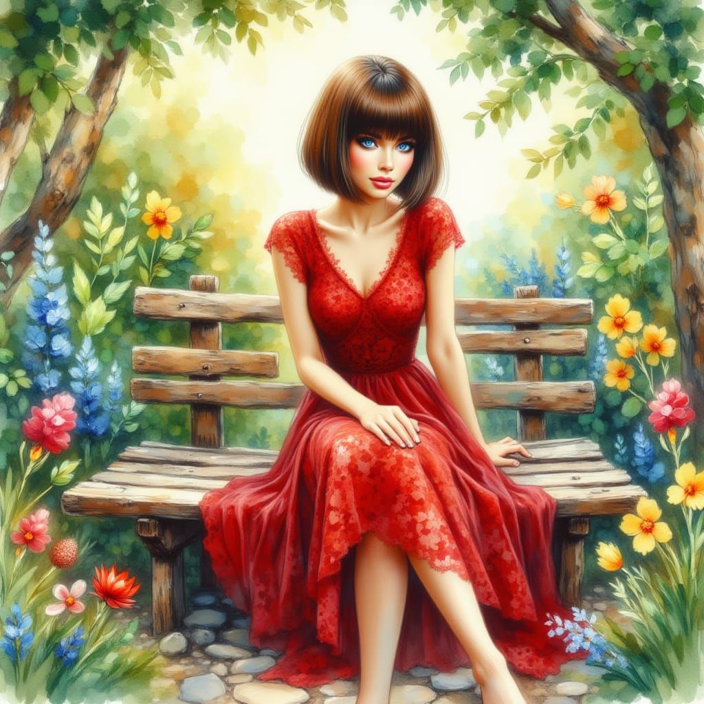 Woman in Boho Dress on Garden Bench, Gouache Watercolor Styl...