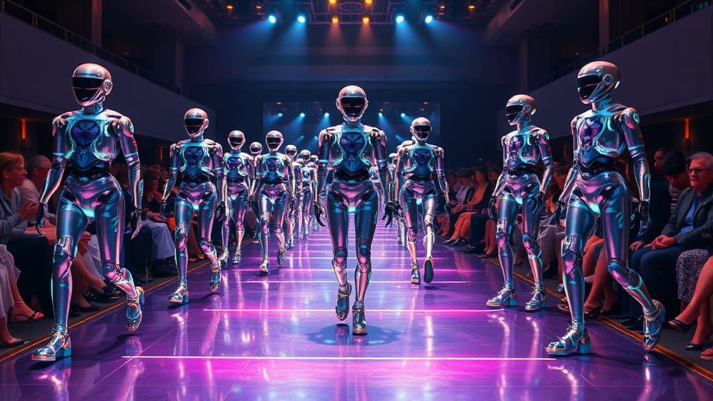 Futuristic High-Fashion Runway Show with Robot Models
