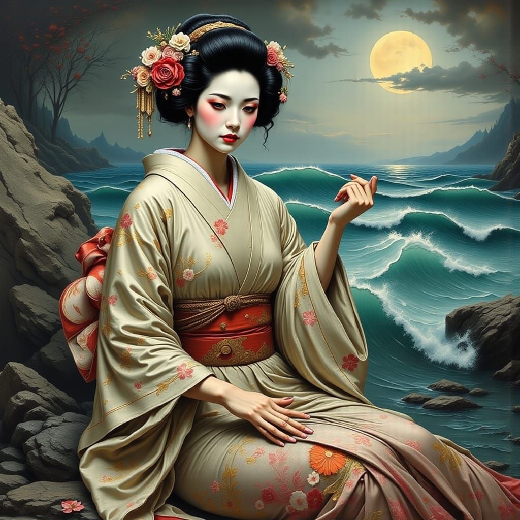 Mourning Geisha by the Sea: Romantic Portrait
