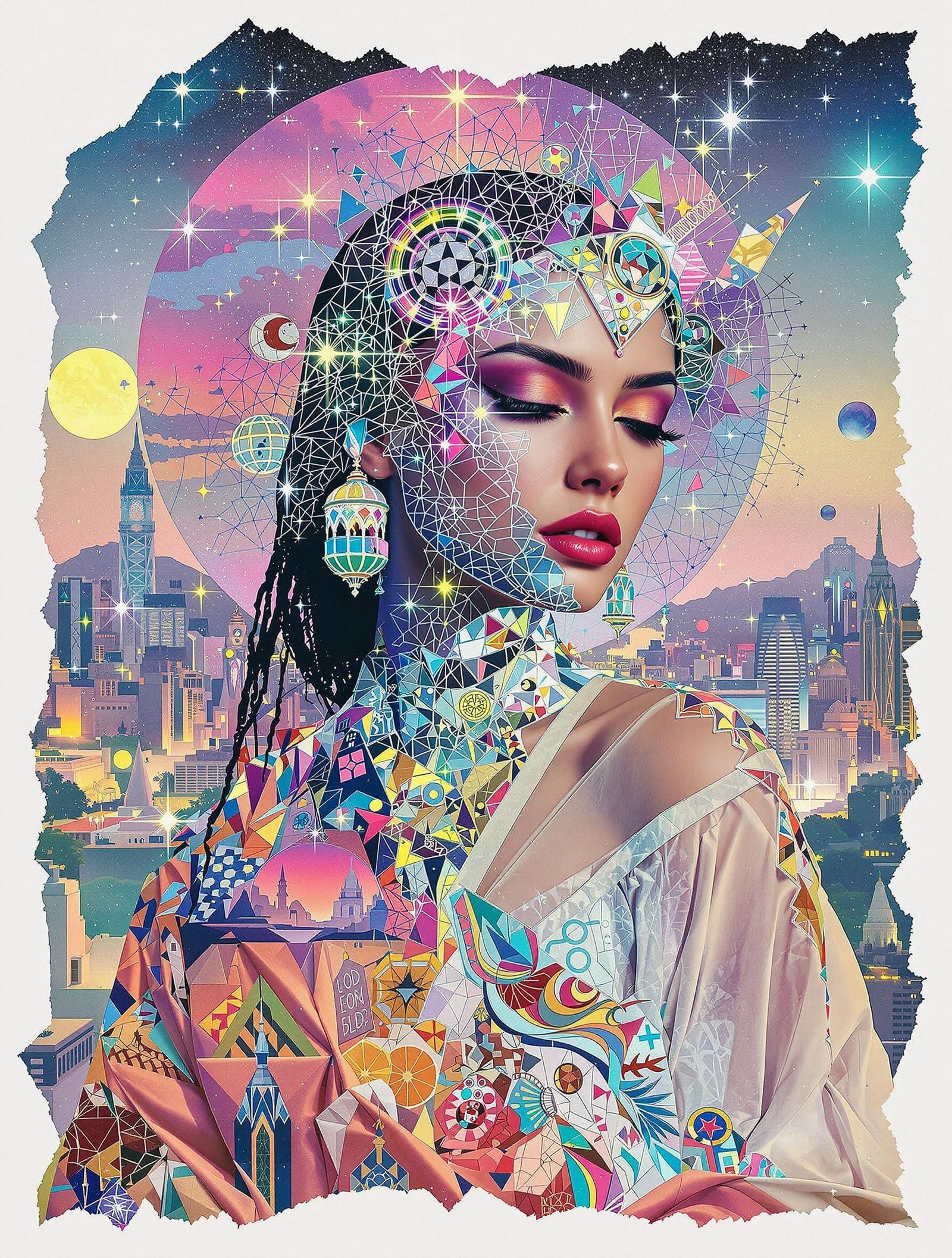 Surreal Non-Binary Figure in Dreamlike Cosmic Cityscape