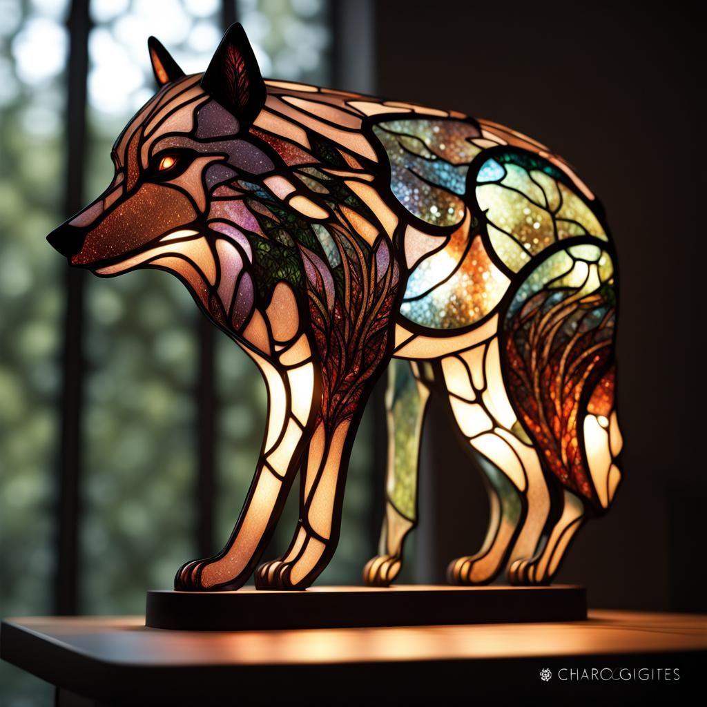 Stained Glass Wolf Lamp with Chiaroscuro Lighting