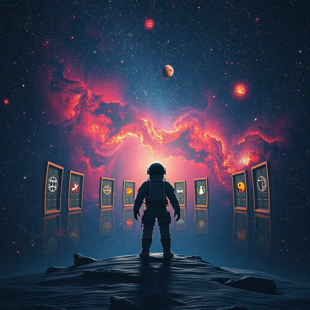 Astronaut and Planetary Doors in Deep Space
