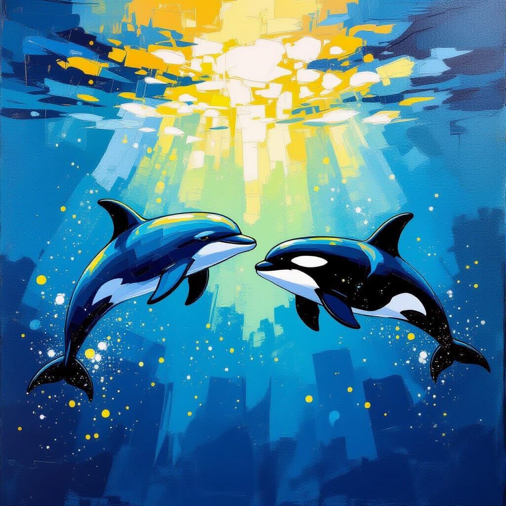 Dolphin and Orca Swim Gracefully in Painterly Oil Painting