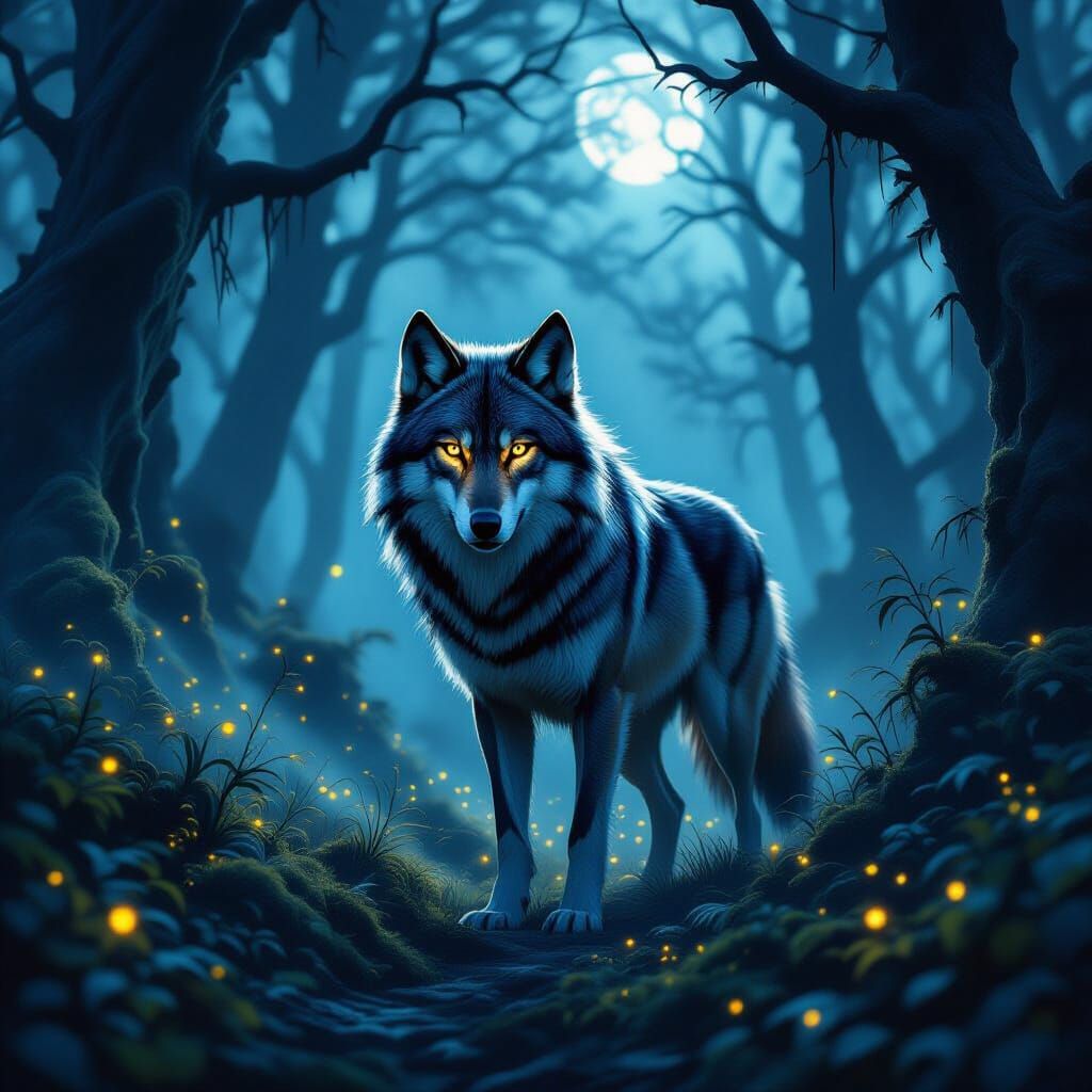Majestic Wolf in Moonlit Ancient Forest Clearing