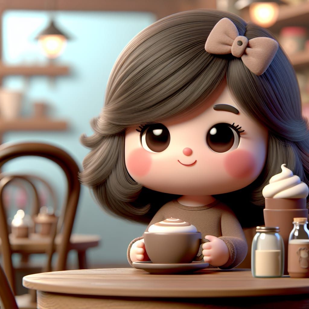 Disney Pixar style 3D adorable little girl, shoulder length hair, a pretty hair with a bow, sitting in a coffee shop dri...