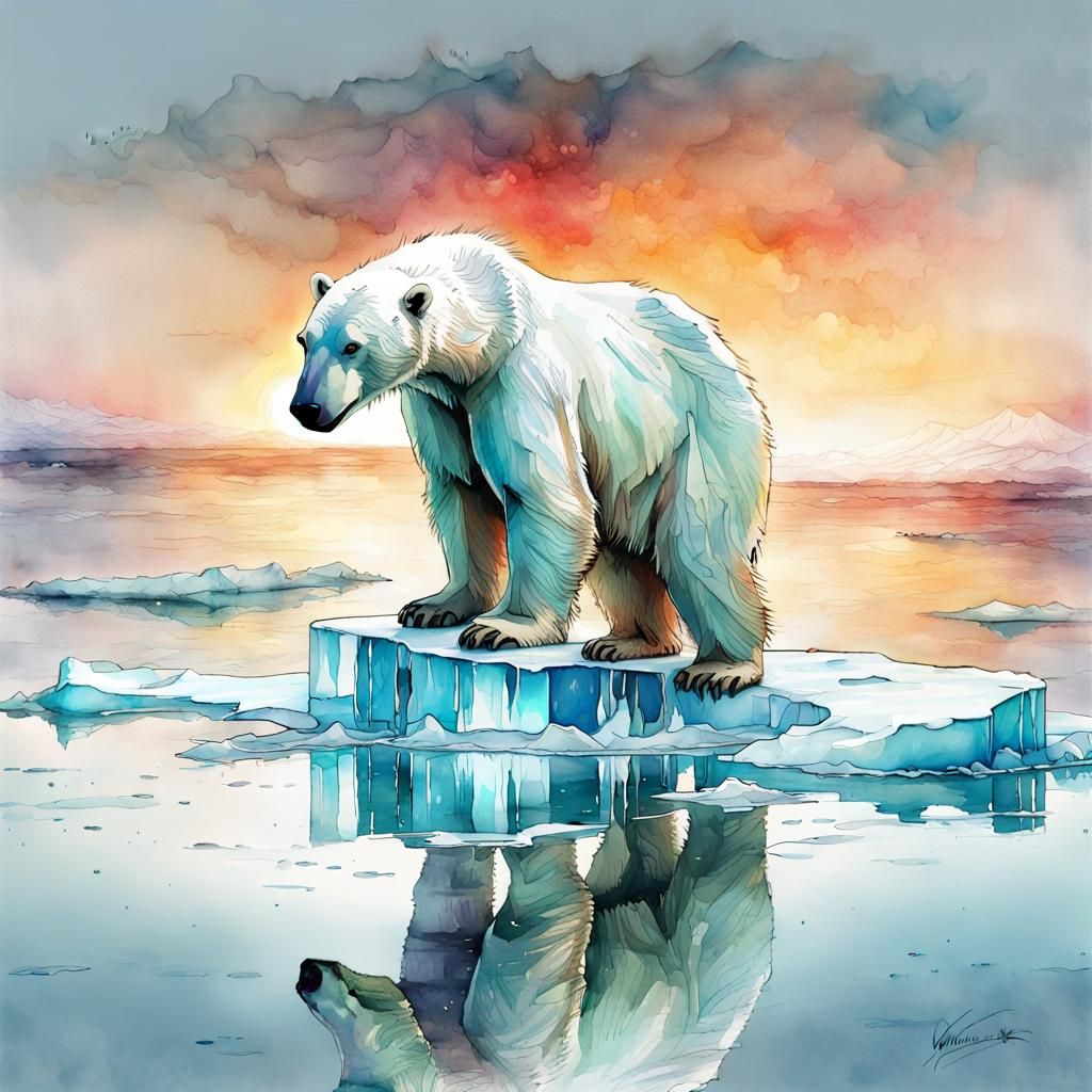Crying Polar Bear on Ice, Watercolor Art