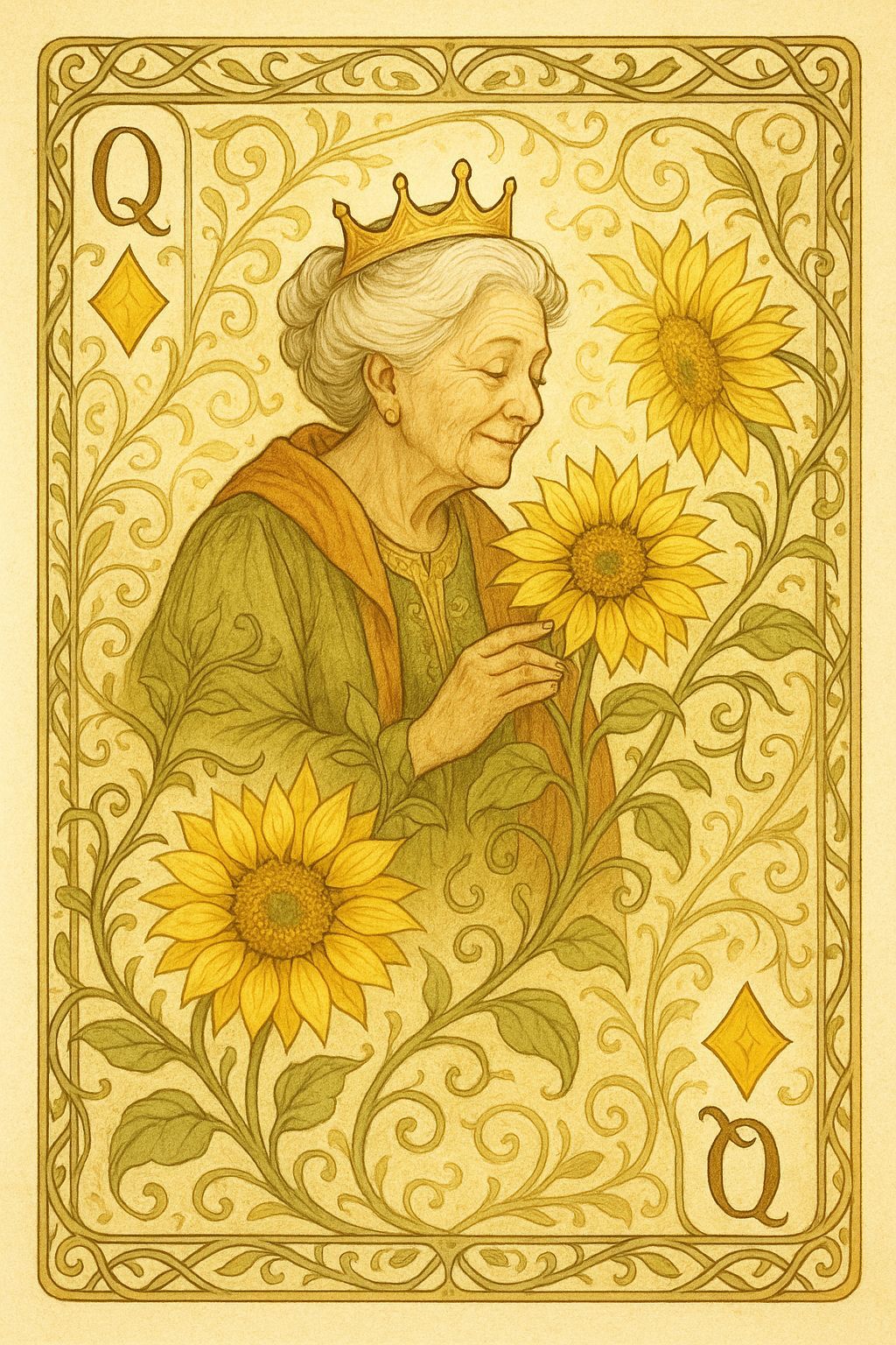 Art Nouveau Queen of Diamonds with Sunflowers