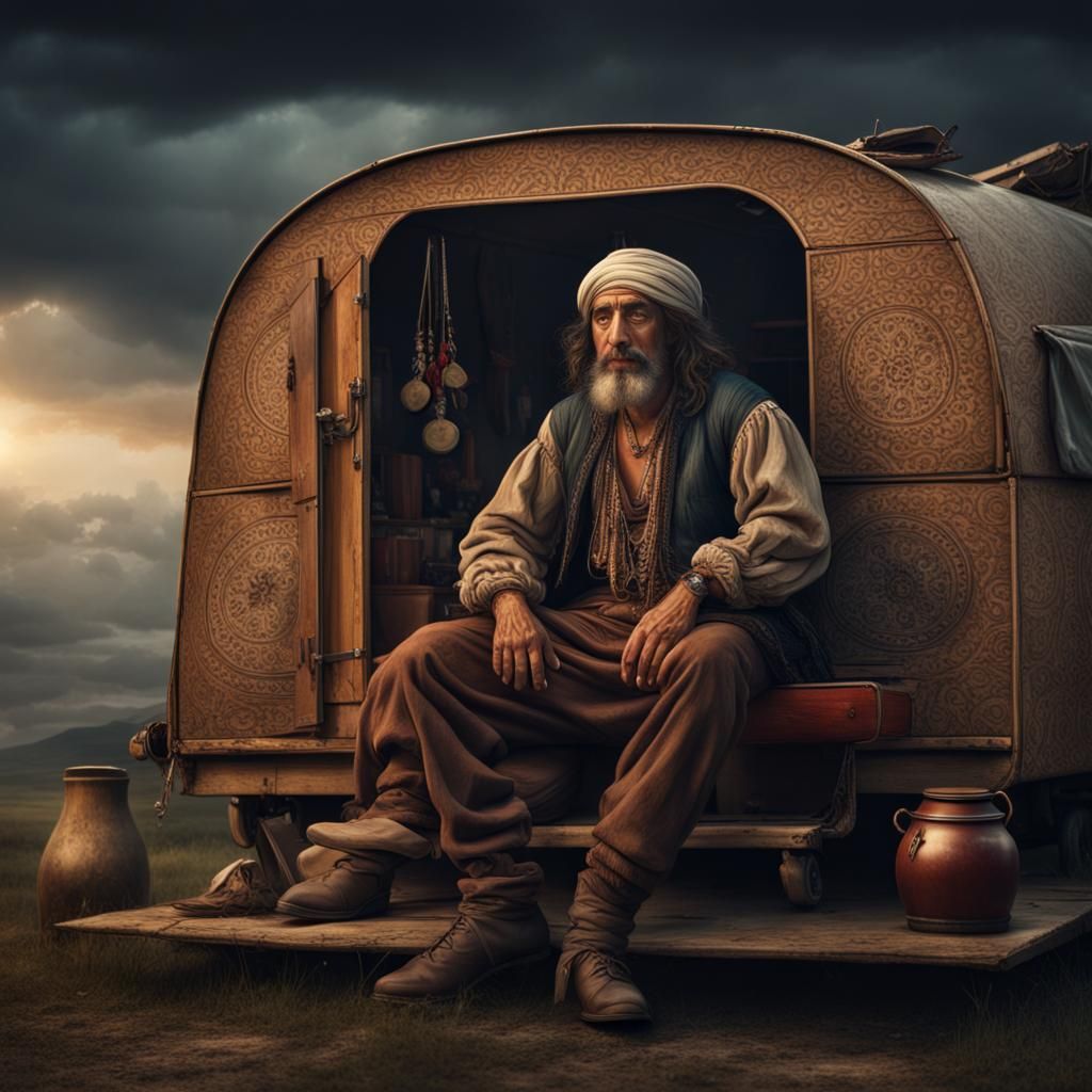 Romanian Gypsy with Lute on Caravan