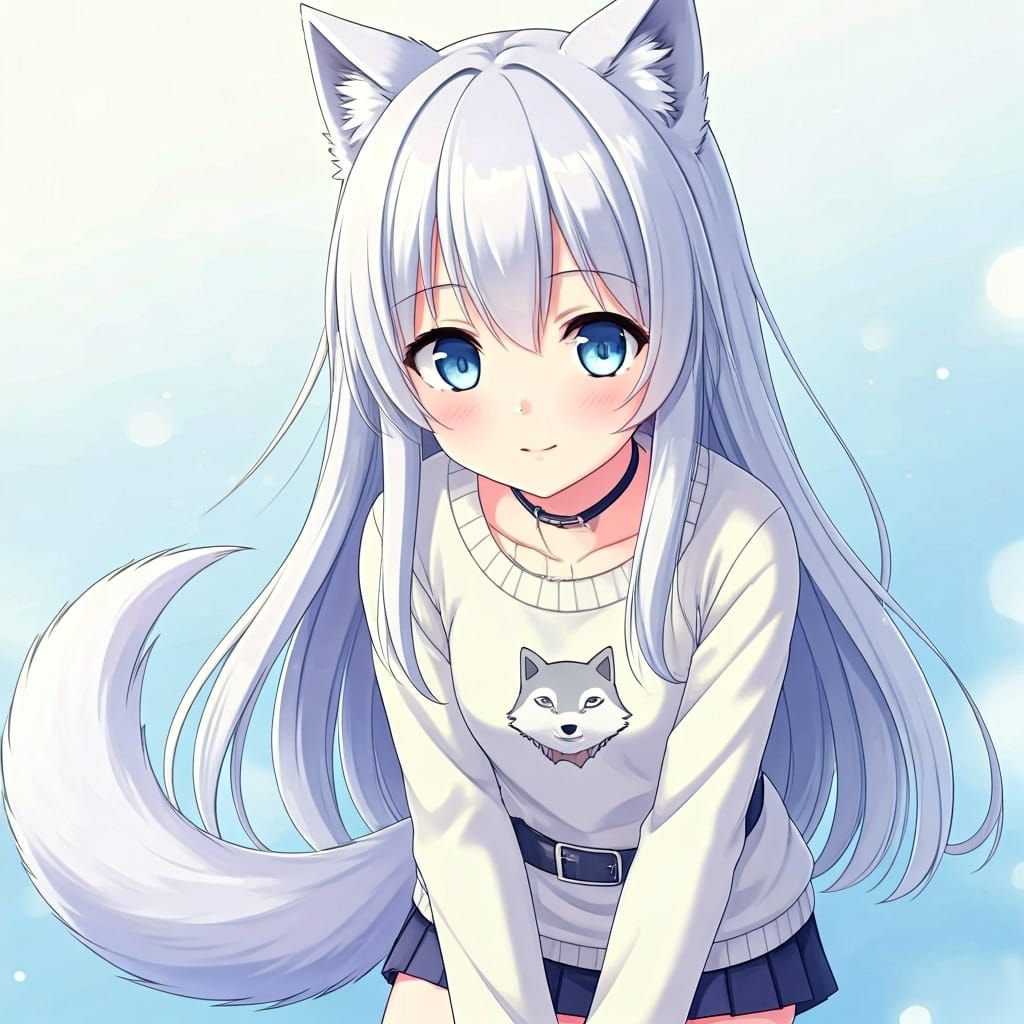 Anime Wolf Girl with White Hair and Blue Eyes