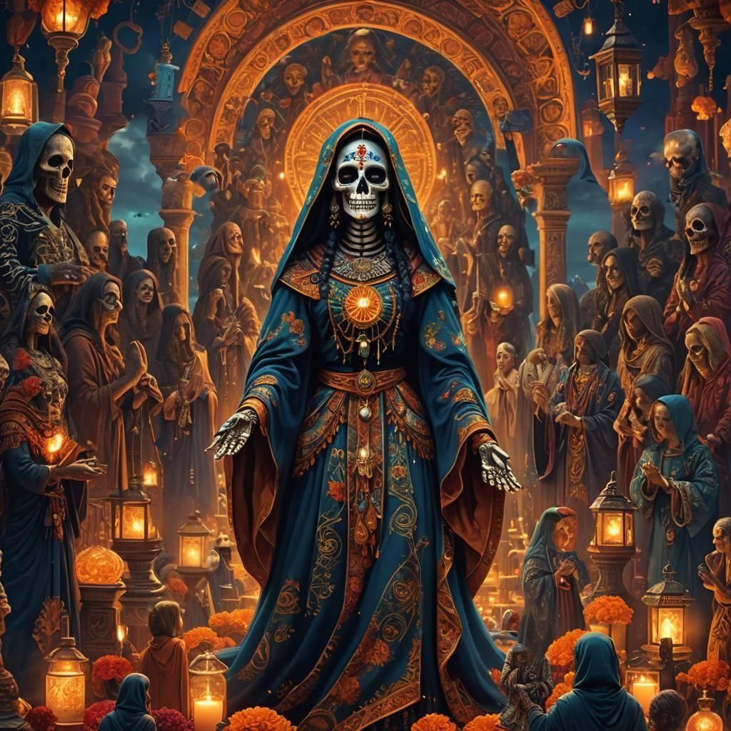 Santa Muerte Amidst Devotees, Digital Matte Painting