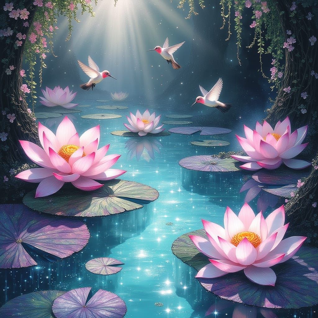 <lora:HoldTheNight:1.0> "Large lotus flowers" floating around a Pond, vibrant colours of pink, white, purple and orange,...