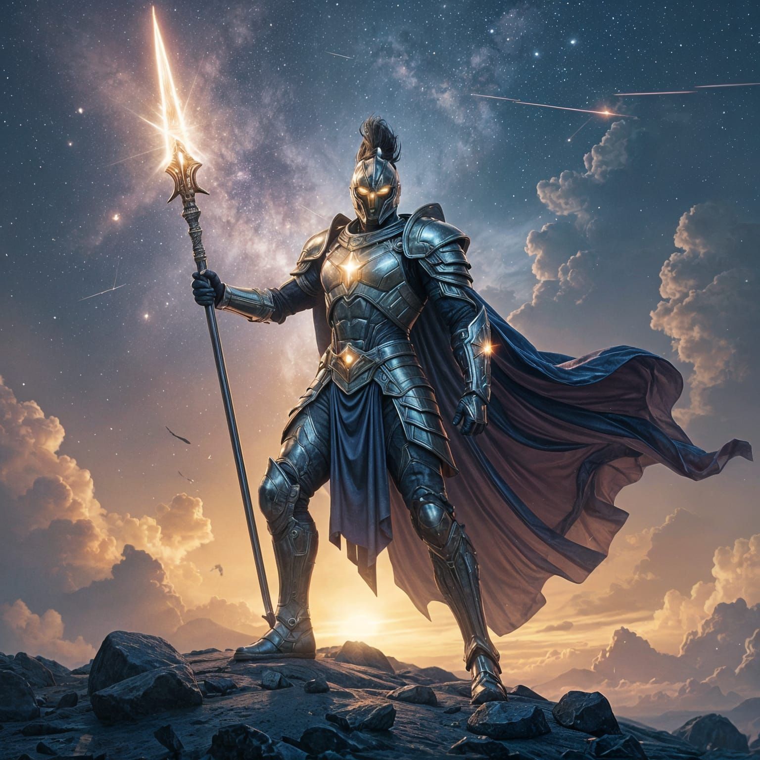 Celestial Warrior on Nebula, Starlight Armor, Epic Sci-Fi Ar...