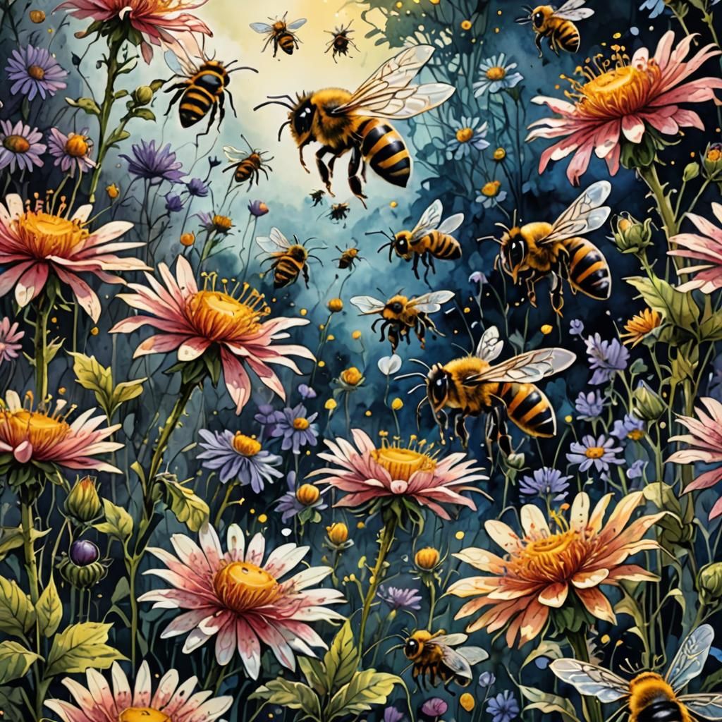Bees on Flowers Watercolor Fantasy Masterpiece
