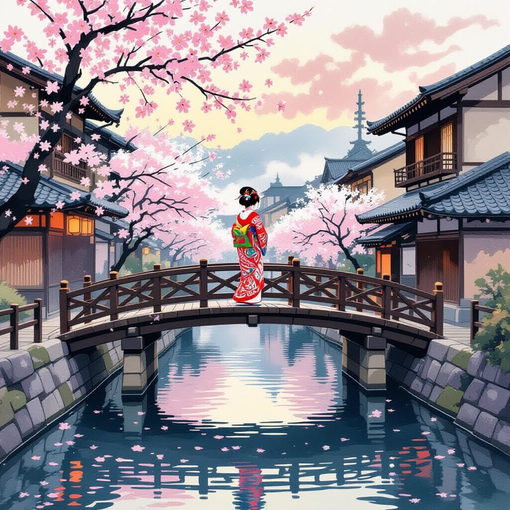 Geisha in Gion District: Ukiyo-e Woodblock Print