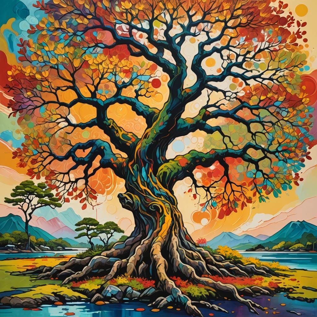 Japanese Island Tree in Acrylic Style
