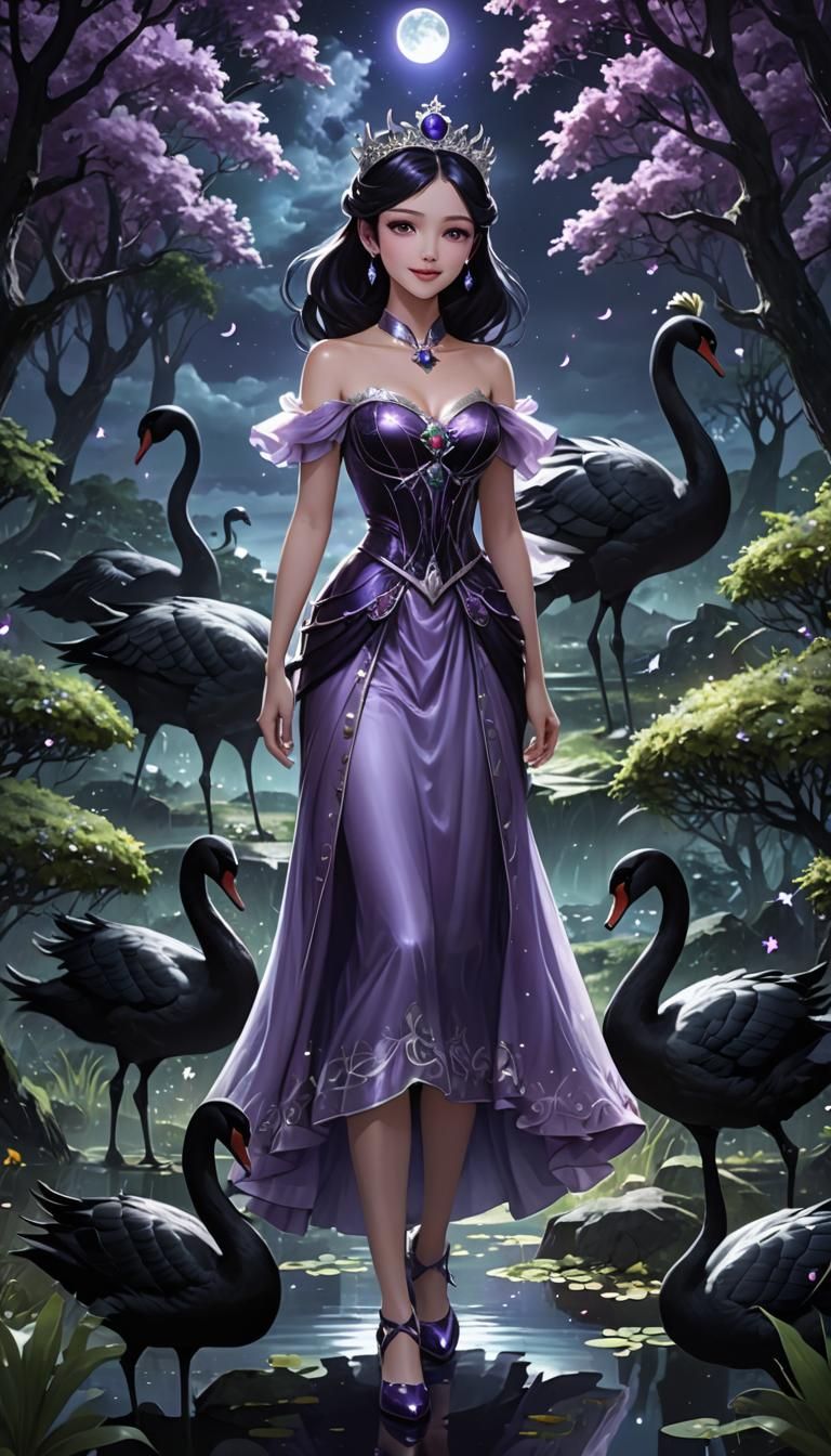 Anime Princess in Dark Forest with Swans