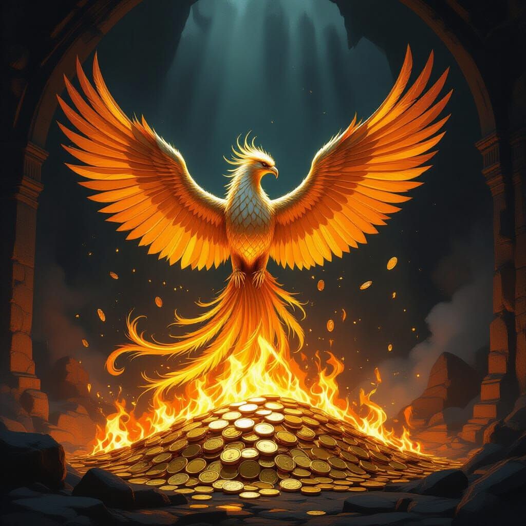 Majestic Phoenix Rises from Burning Gold Coins