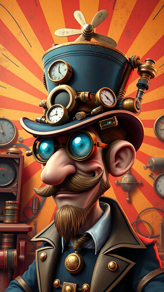 Steampunk Cartoon Character with Elaborate Gadget Hat