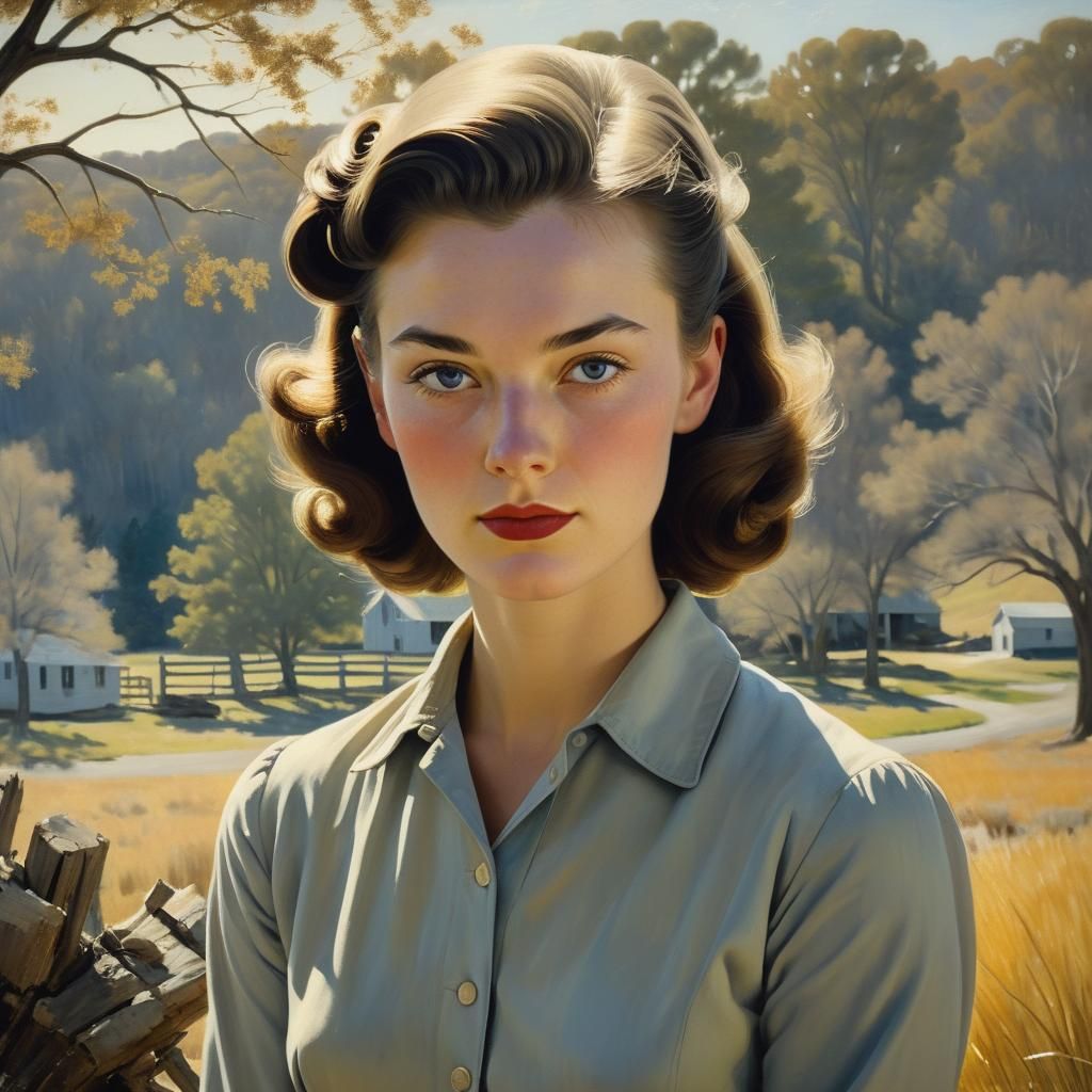 1950s American Woman Portrait in Retro Realism Style