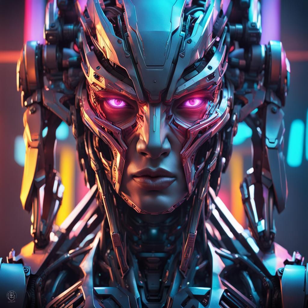 Neon Robot Face Portrait in Hyperdetailed Style